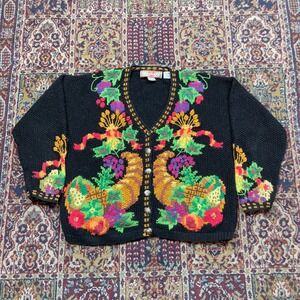 VTG 80s 90s Cardigan Bay Black Harvest Cornucopia Hand Knit Sweater Cardigan S